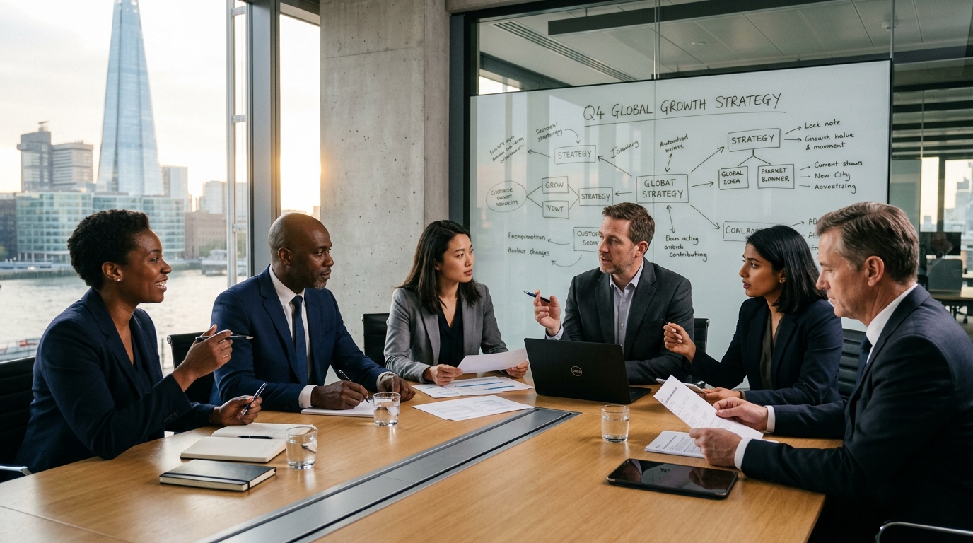 Diverse ALEQANT executive consulting team engaged in collaborative strategic planning in modern boardroom