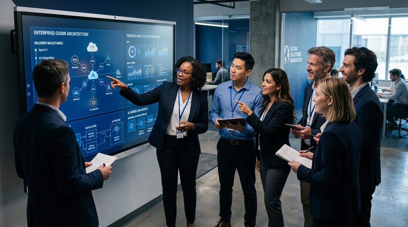 Multidisciplinary ALEQANT engineering and advisory team collaborating on enterprise digital architecture display